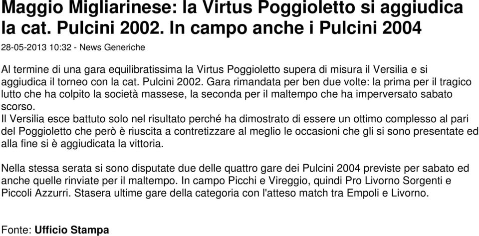 Pulcini 2002. Gara rimandata per ben due volte: la prima per il tragico lutto che ha colpito la società massese, la seconda per il maltempo che ha imperversato sabato scorso.