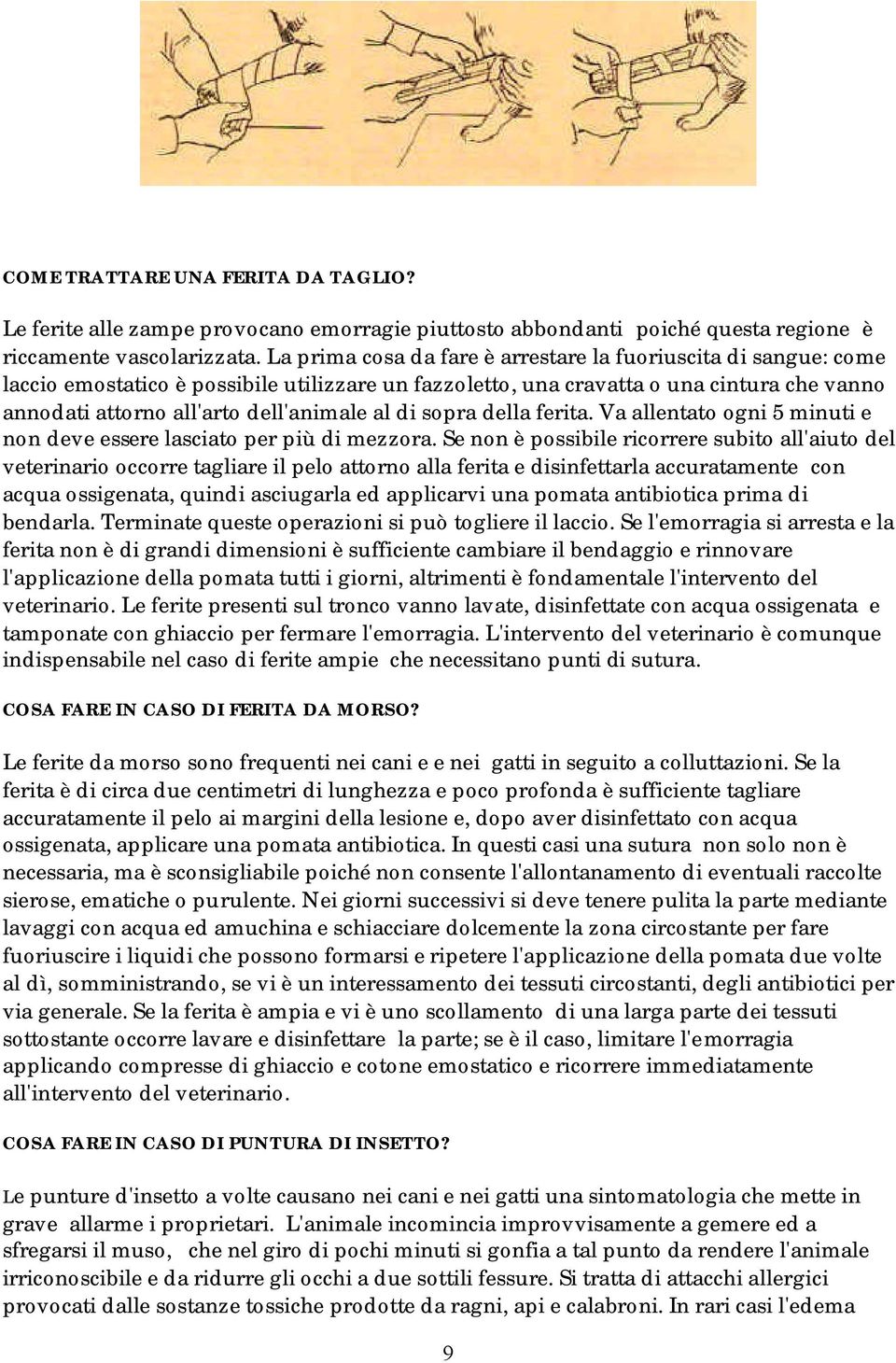 di sopra della ferita. Va allentato ogni 5 minuti e non deve essere lasciato per più di mezzora.