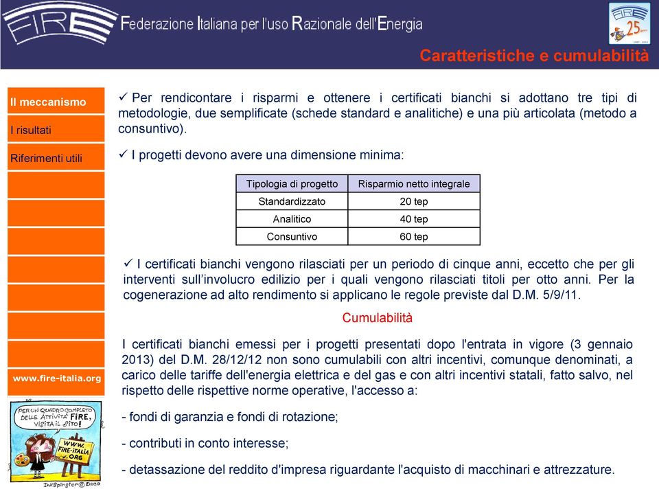 I progetti devono avere una dimensione minima: Tipologia di progetto Standardizzato Analitico Consuntivo Risparmio netto integrale 20 tep 40 tep 60 tep I certificati bianchi vengono rilasciati per un