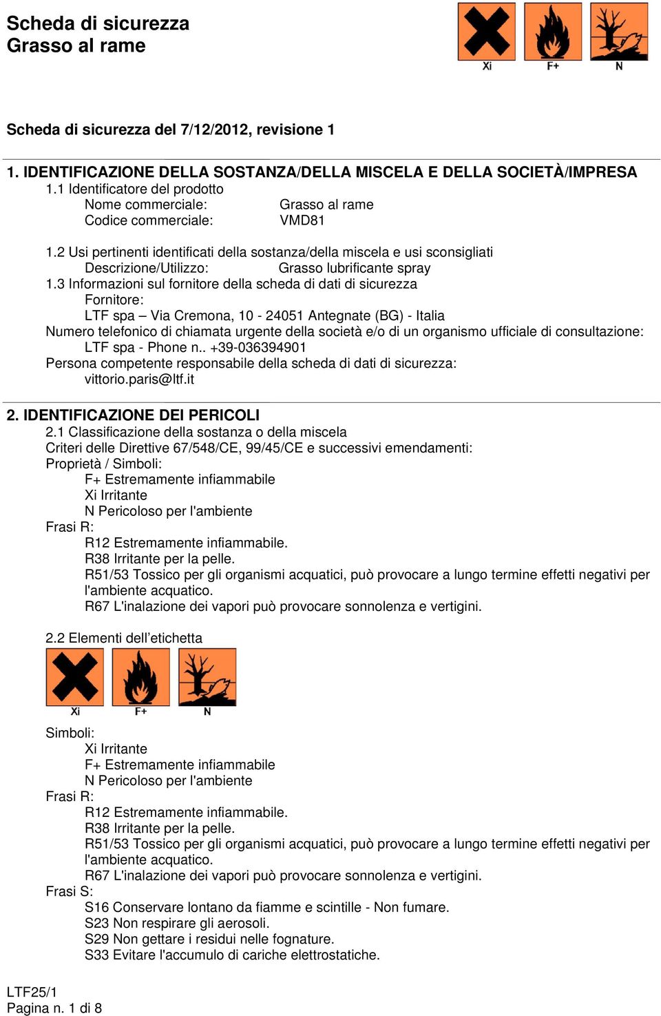 3 Informazioni sul fornitore della scheda di dati di sicurezza Fornitore: LTF spa Via Cremona, 10-24051 Antegnate (BG) - Italia Numero telefonico di chiamata urgente della società e/o di un organismo