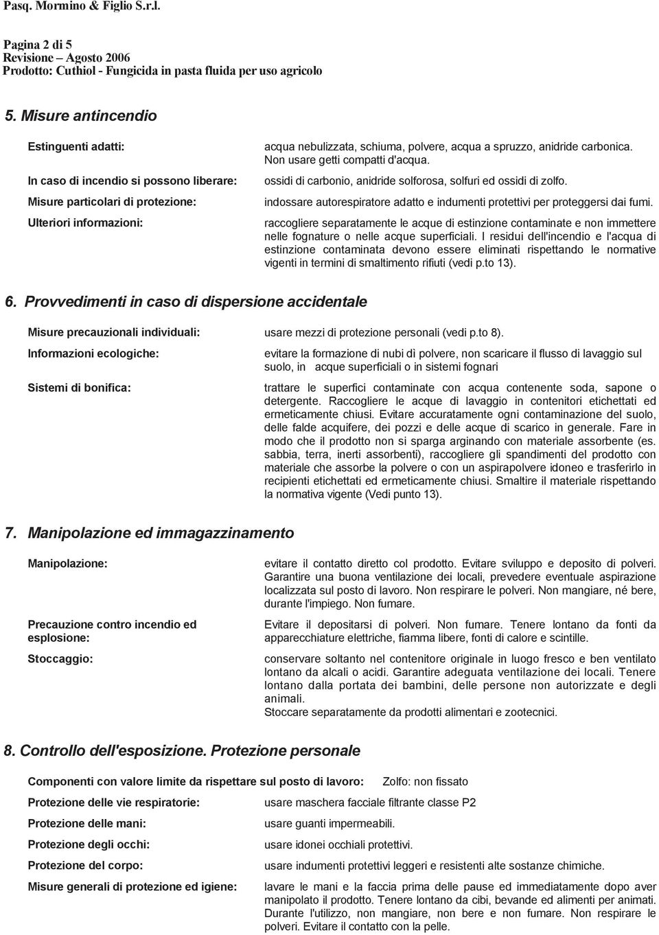 anidride carbonica. Non usare getti compatti d'acqua. ossidi di carbonio, anidride solforosa, solfuri ed ossidi di zolfo.