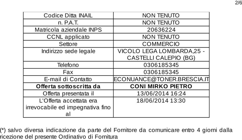 LOMBARDA,25 - CASTELLI CALEPIO (BG) Telefono 0306185345 Fax 0306185345 E-mail di Contatto ECONUANCE@TONER.BRESCIA.