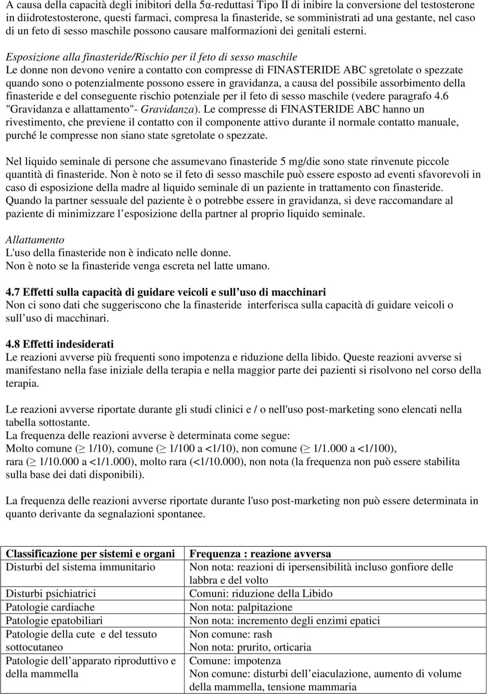 Esposizione alla finasteride/rischio per il feto di sesso maschile Le donne non devono venire a contatto con compresse di FINASTERIDE ABC sgretolate o spezzate quando sono o potenzialmente possono