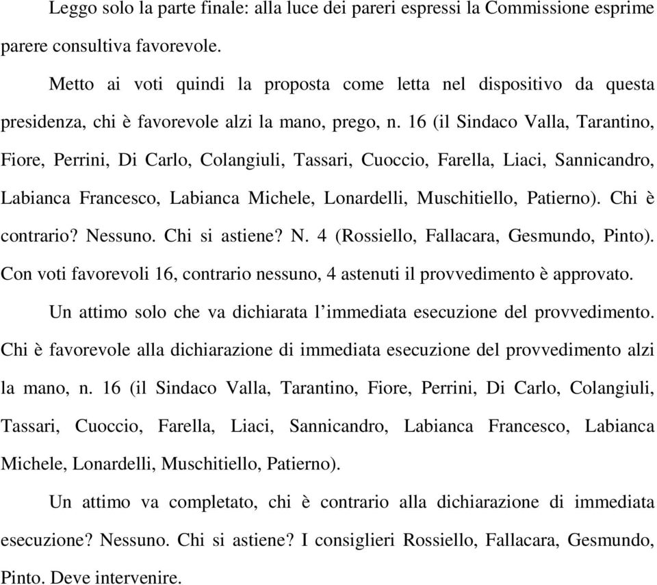 16 (il Sindaco Valla, Tarantino, Fiore, Perrini, Di Carlo, Colangiuli, Tassari, Cuoccio, Farella, Liaci, Sannicandro, Labianca Francesco, Labianca Michele, Lonardelli, Muschitiello, Patierno).