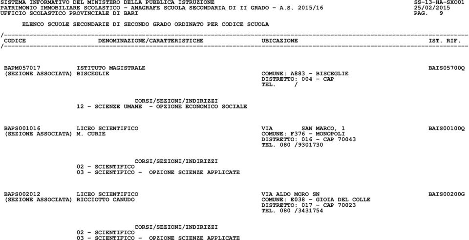 / 12 - SCIENZE UMANE - OPZIONE ECONOMICO SOCIALE BAPS001016 LICEO SCIENTIFICO VIA SAN MARCO, 1 BAIS00100Q (SEZIONE ASSOCIATA) M.