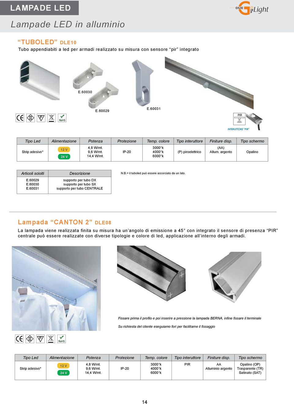 IP-20 3000 k 4000 k 6000 k (P) piroelettrico (AA) Allum. argento Opalino Articoli sciolti E.60029 E.60030 E.60031 Descrizione supporto per tubo DX supporto per tubo SX supporto per tubo CENTRALE N.B.