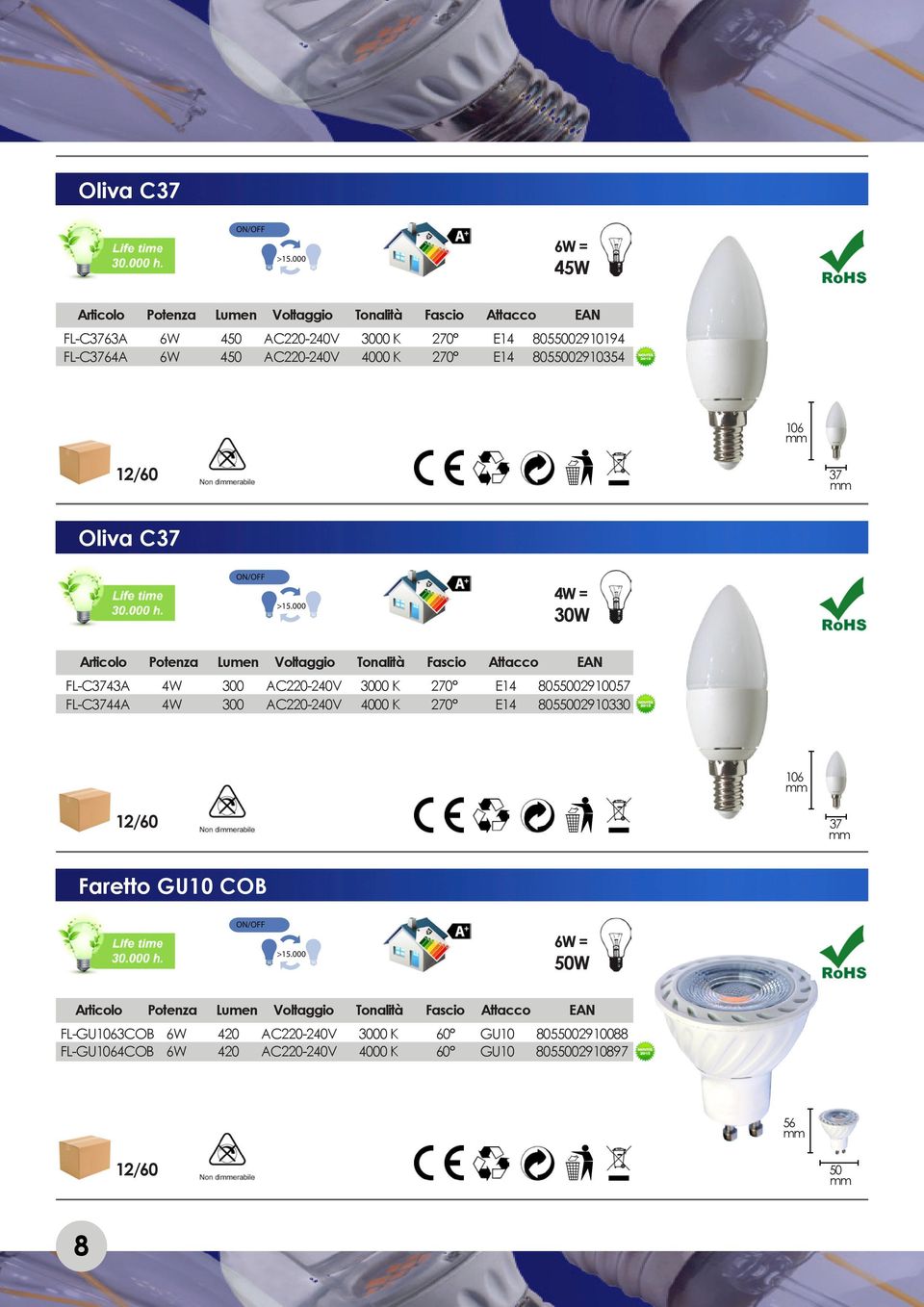 FL-C3744A 4W 300 AC220-240V 4000 K 270 E14 8055002910330 106 37 Faretto GU10 COB 6W = 50W FL-GU1063COB 6W