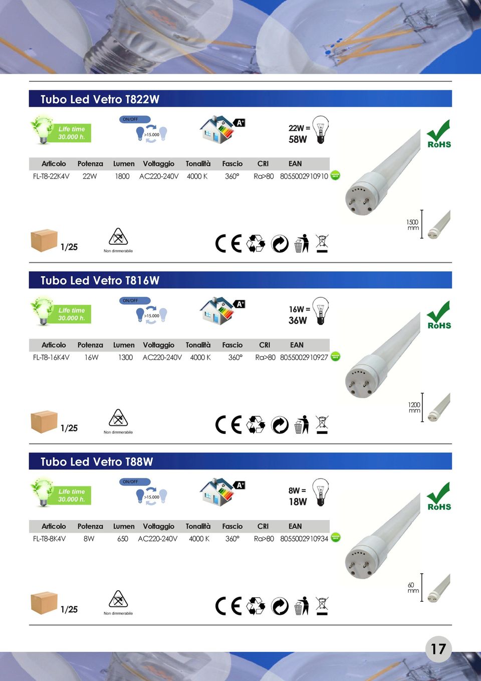 Fascio CRI EAN FL-T8-16K4V 16W 1300 AC220-240V 4000 K 360 Ra>80 8055002910927 1200 1/25 Tubo Led Vetro T88W 8W = 18W