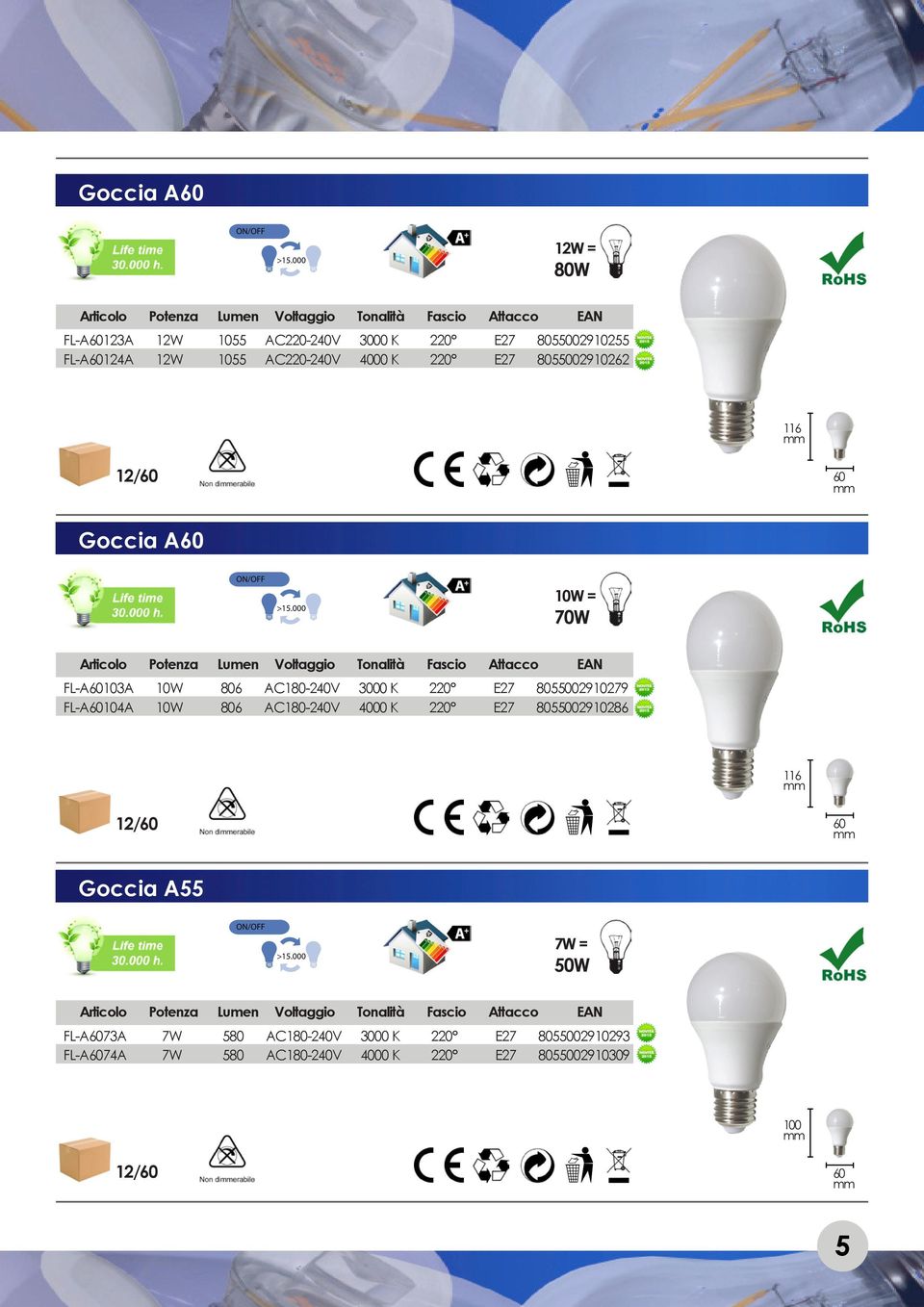 E27 8055002910279 FL-A60104A 10W 806 AC180-240V 4000 K 220 E27 8055002910286 116 60 Goccia A55 7W = 50W