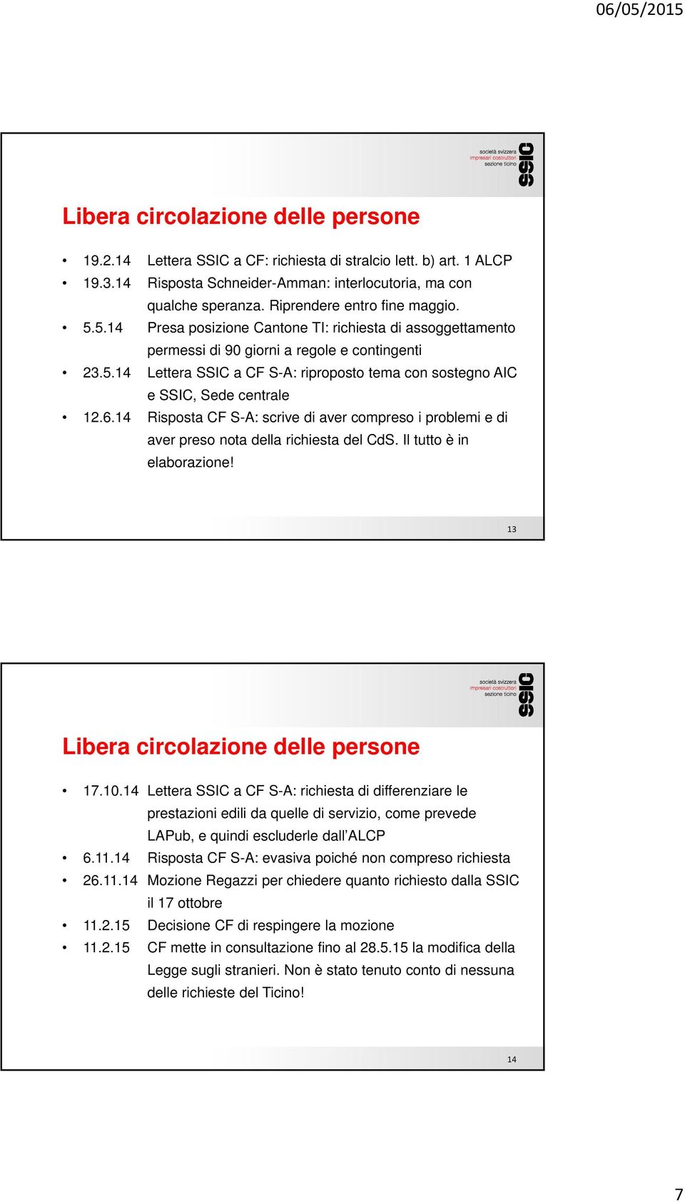 6.14 Risposta CF S-A: scrive di aver compreso i problemi e di aver preso nota della richiesta del CdS. Il tutto è in elaborazione! 13 Libera circolazione delle persone 17.10.