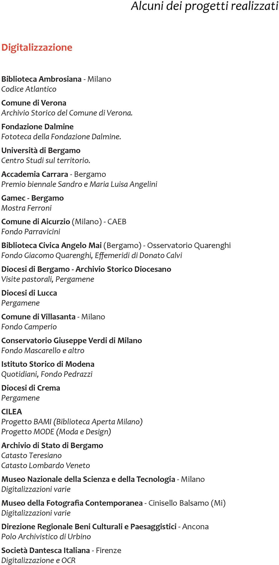 Accademia Carrara - Bergamo Premio biennale Sandro e Maria Luisa Angelini Gamec - Bergamo Mostra Ferroni Comune di Aicurzio (Milano) - CAEB Fondo Parravicini Biblioteca Civica Angelo Mai (Bergamo) -