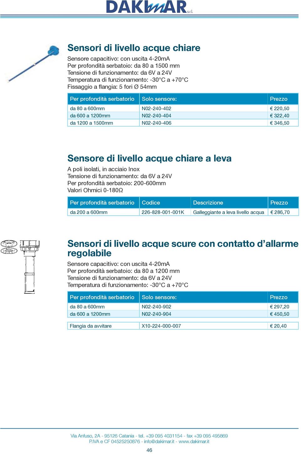 livello acque chiare a leva A poli isolati, in acciaio Inox Tensione di funzionamento: da 6V a 24V Per profondità serbatoio: 200-600mm Valori Ohmici 0-180Ω Per profondità serbatorio Codice