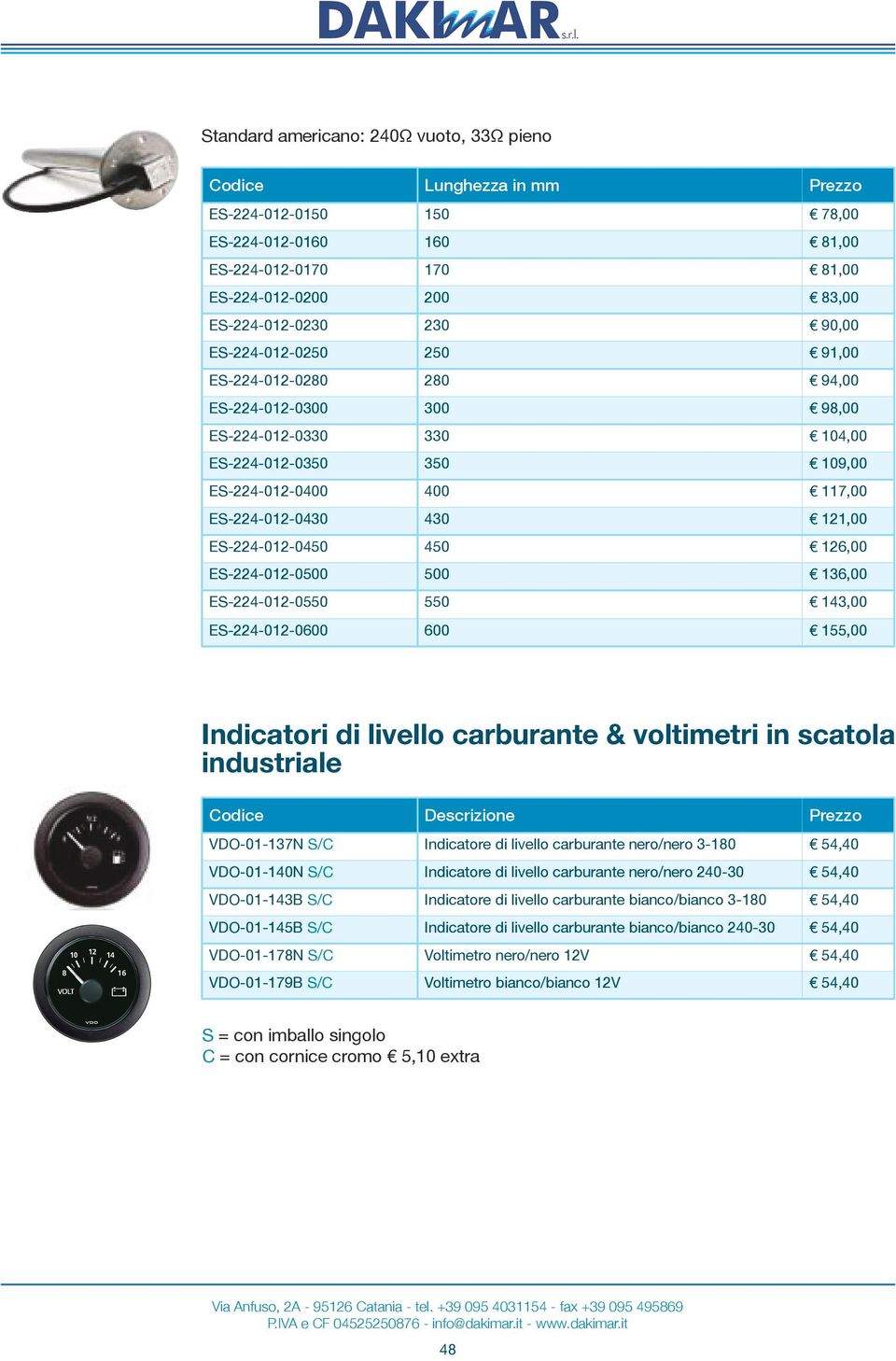 ES-224-012-0450 450 126,00 ES-224-012-0500 500 136,00 ES-224-012-0550 550 143,00 ES-224-012-0600 600 155,00 Indicatori di livello carburante & voltimetri in scatola industriale Codice Descrizione