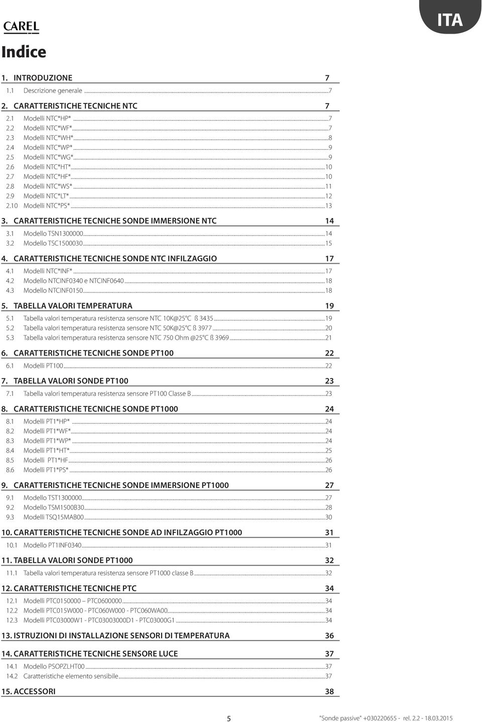 CARATTERISTICHE TECNICHE SONDE IMMERSIONE NTC 14 3.1 Modello TSN1300000...14 3.2 Modello TSC1500030...15 4. CARATTERISTICHE TECNICHE SONDE NTC INFILZAGGIO 17 4.1 Modelli NTC*INF*...17 4.2 Modello NTCINF0340 e NTCINF0640.