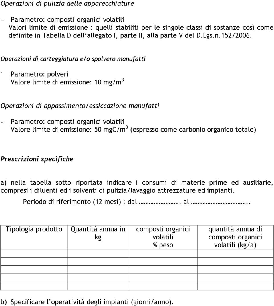 Operazioni di carteggiatura e/o spolvero manufatti - Parametro: polveri Valore limite di emissione: 10 mg/m 3 Operazioni di appassimento/essiccazione manufatti - Parametro: composti organici volatili