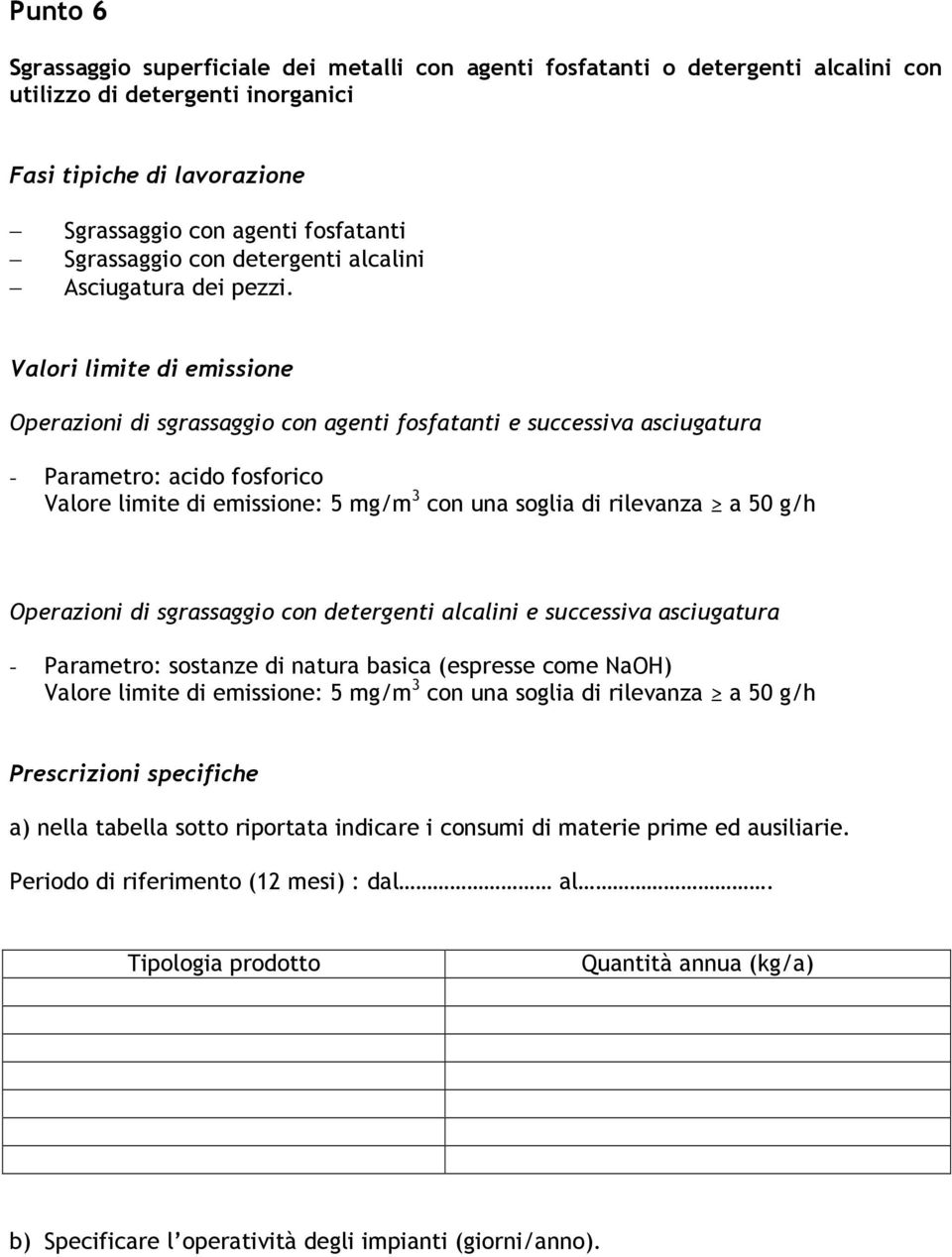 Operazioni di sgrassaggio con agenti fosfatanti e successiva asciugatura - Parametro: acido fosforico Valore limite di emissione: 5 mg/m 3 con una soglia di rilevanza a 50 g/h Operazioni di