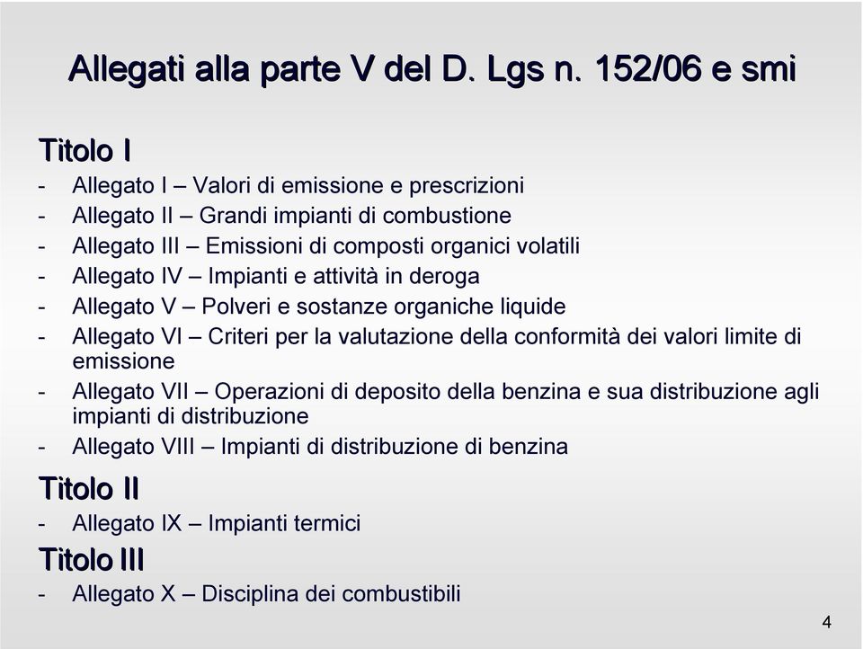 organici volatili - Allegato IV Impianti e attività in deroga - Allegato V Polveri e sostanze organiche liquide - Allegato VI Criteri per la valutazione della