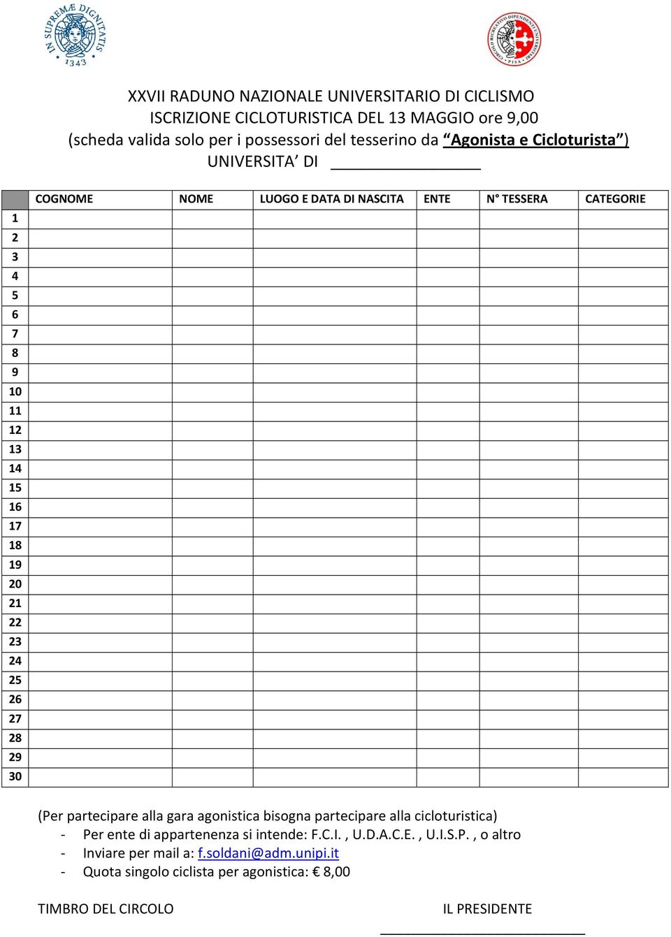 NASCITA ENTE N TESSERA CATEGORIE (Per partecipare alla gara agonistica bisogna partecipare alla cicloturistica) Per ente di appartenenza si intende: F.