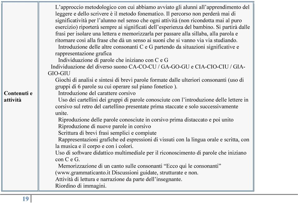 Si partirà dalle frasi per isolare una lettera e memorizzarla per passare alla sillaba, alla parola e ritornare così alla frase che dà un senso ai suoni che si vanno via via studiando.