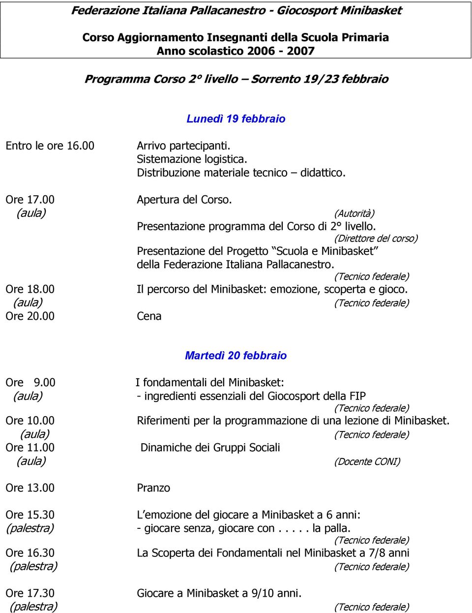 (Autorità) Presentazione programma del Corso di 2 livello. (Direttore del corso) Presentazione del Progetto Scuola e Minibasket della Federazione Italiana Pallacanestro.