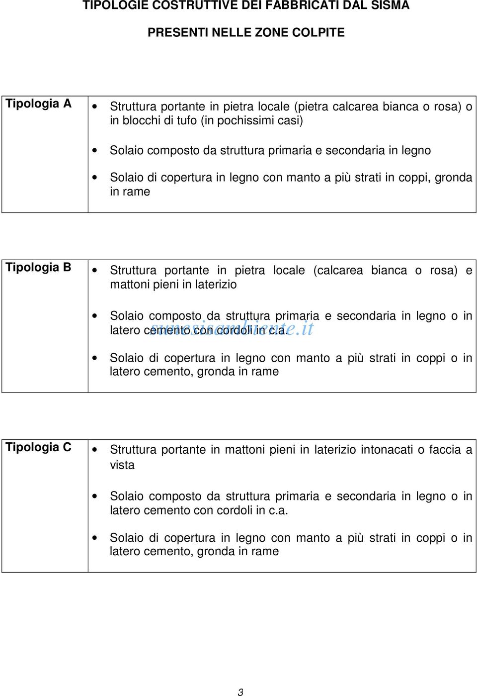 bianca o rosa) e mattoni pieni in laterizio Solaio composto da struttura primaria e secondaria in legno o in latero cemento con cordoli in c.a. Solaio di copertura in legno con manto a più strati in