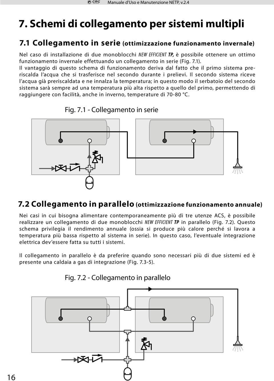 collegamento in serie (Fig. 7.1). Il vantaggio di questo schema di funzionamento deriva dal fatto che il primo sistema preriscalda l acqua che si trasferisce nel secondo durante i prelievi.