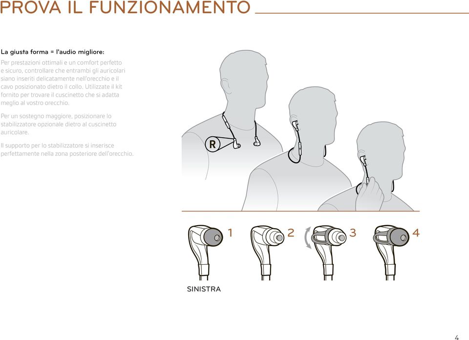 Utilizzate il kit fornito per trovare il cuscinetto che si adatta meglio al vostro orecchio.