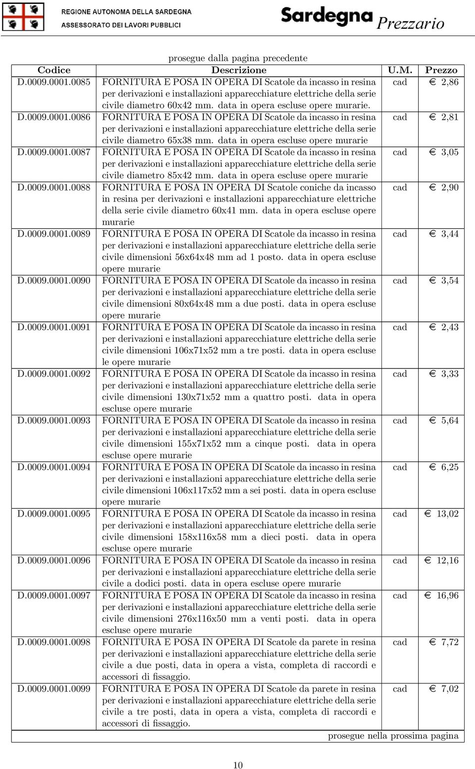 0086 FORNITURA E POSA IN OPERA DI Scatole da incasso in resina cad e 2,81 per derivazioni e installazioni apparecchiature elettriche della serie civile diametro 65x38 mm.