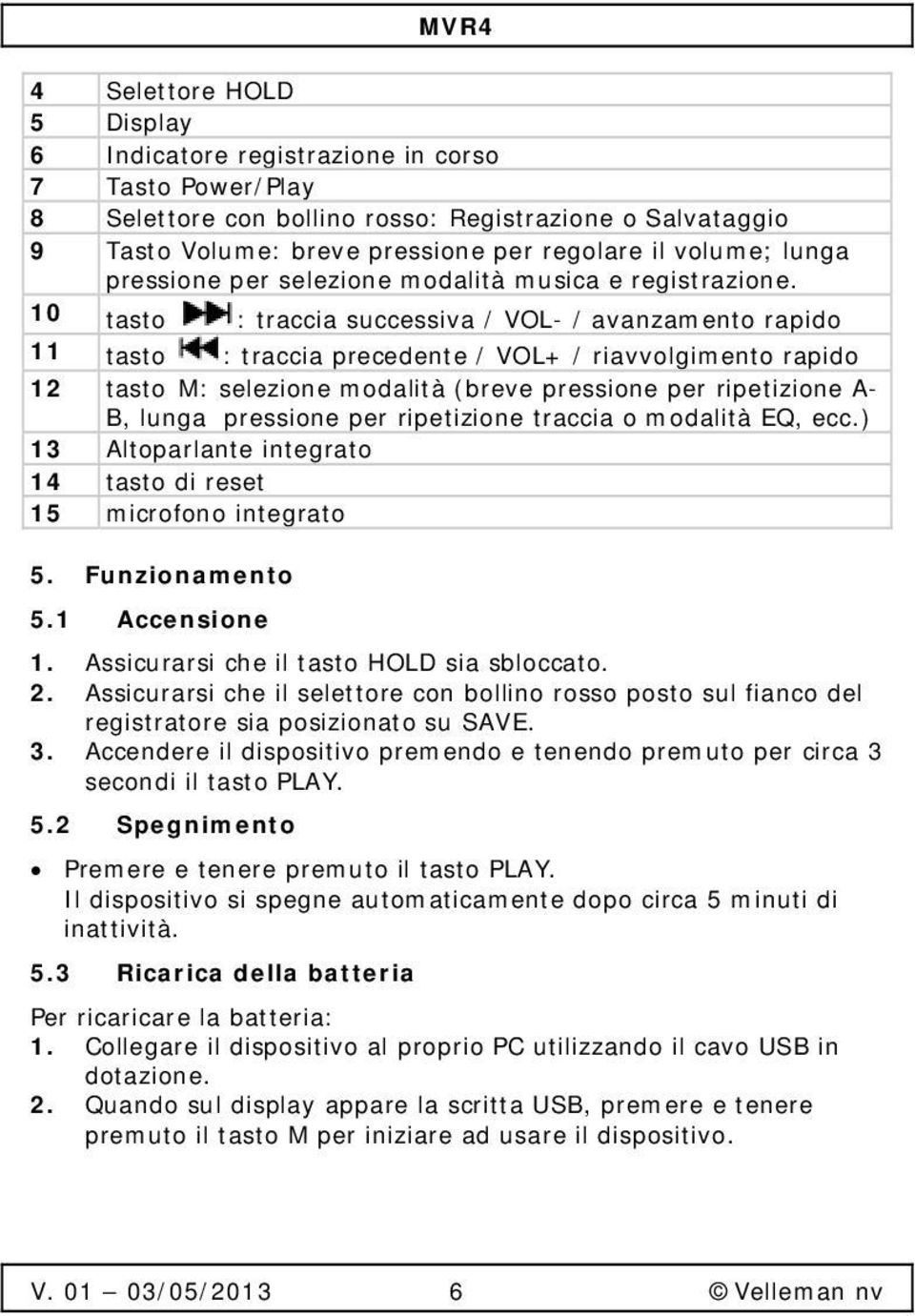 10 tasto : traccia successiva / VOL- / avanzamento rapido 11 12 tasto : traccia precedente / VOL+ / riavvolgimento rapido tasto M: selezione modalità (breve pressione per ripetizione A- B, lunga