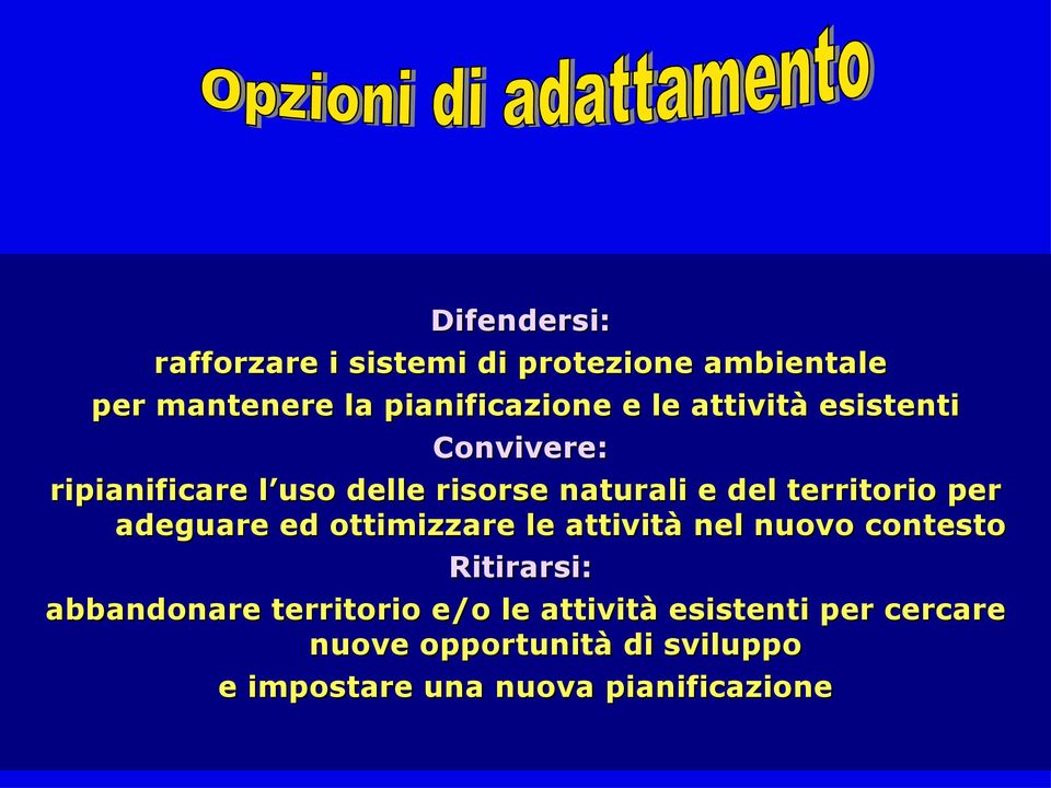 adeguare ed ottimizzare le attività nel nuovo contesto Ritirarsi: abbandonare territorio e/o le