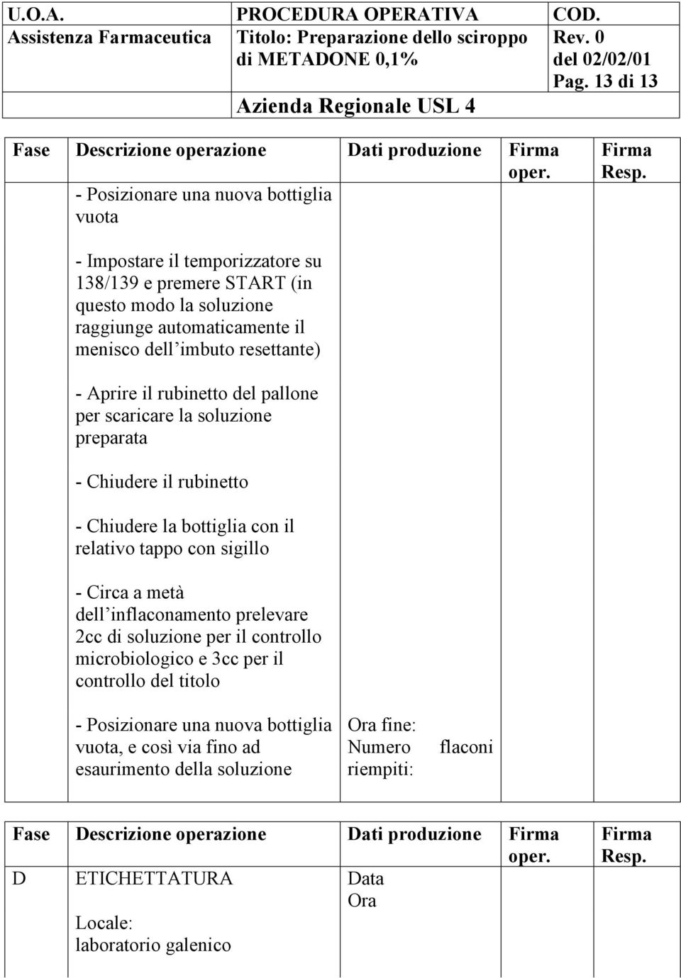 scaricare la soluzione preparata - Chiudere il rubinetto - Chiudere la bottiglia con il relativo tappo con sigillo - Circa a metà dell inflaconamento prelevare 2cc di soluzione per il