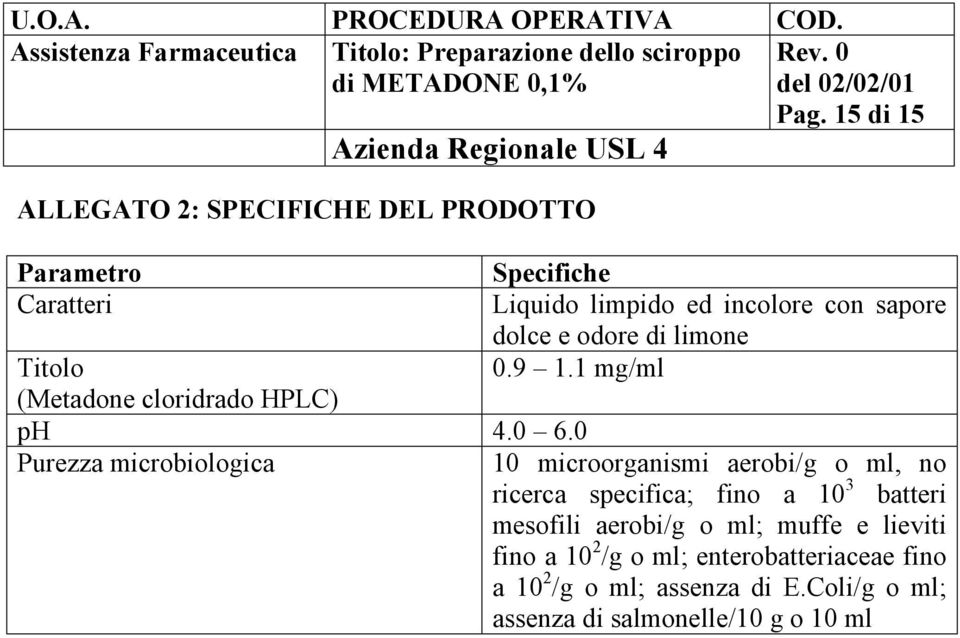 0 Purezza microbiologica 10 microorganismi aerobi/g o ml, no ricerca specifica; fino a 10 3 batteri mesofili