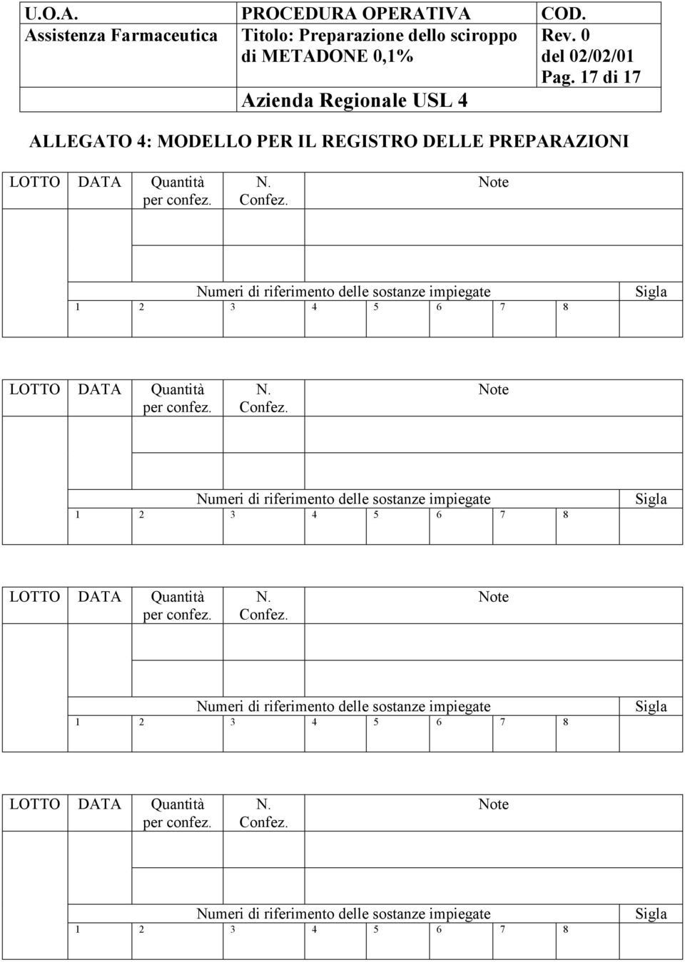 Note Numeri di riferimento delle sostanze impiegate 1 2 3 4 5 6 7 8 Sigla