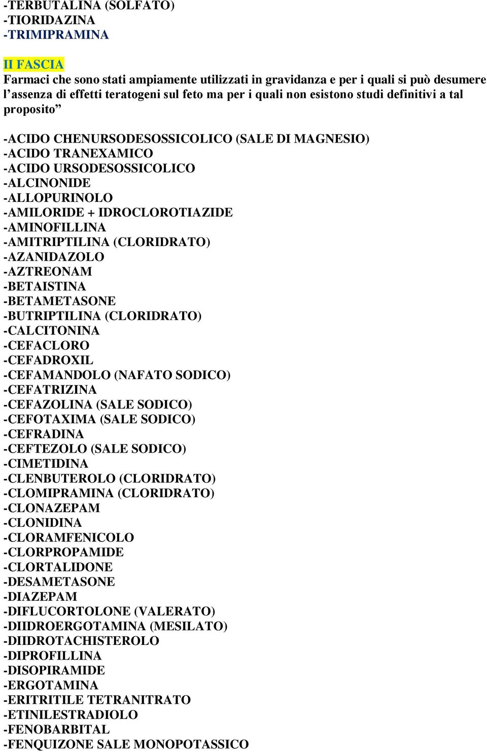 -AMINOFILLINA -AMITRIPTILINA (CLORIDRATO) -AZANIDAZOLO -AZTREONAM -BETAISTINA -BETAMETASONE -BUTRIPTILINA (CLORIDRATO) -CALCITONINA -CEFACLORO -CEFADROXIL -CEFAMANDOLO (NAFATO SODICO) -CEFATRIZINA