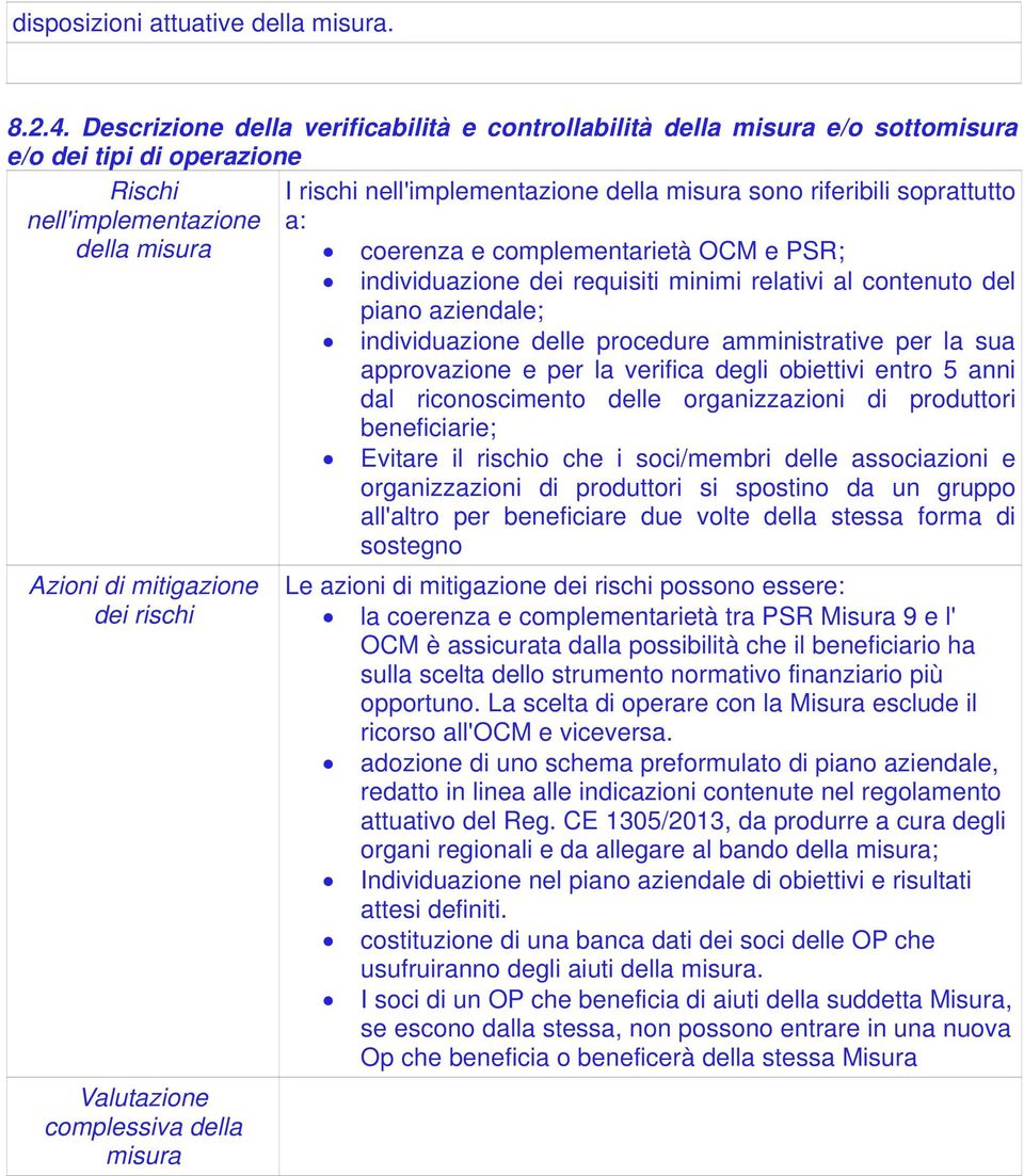 nell'implementazione a: della misura coerenza e complementarietà OCM e PSR; individuazione dei requisiti minimi relativi al contenuto del piano aziendale; individuazione delle procedure