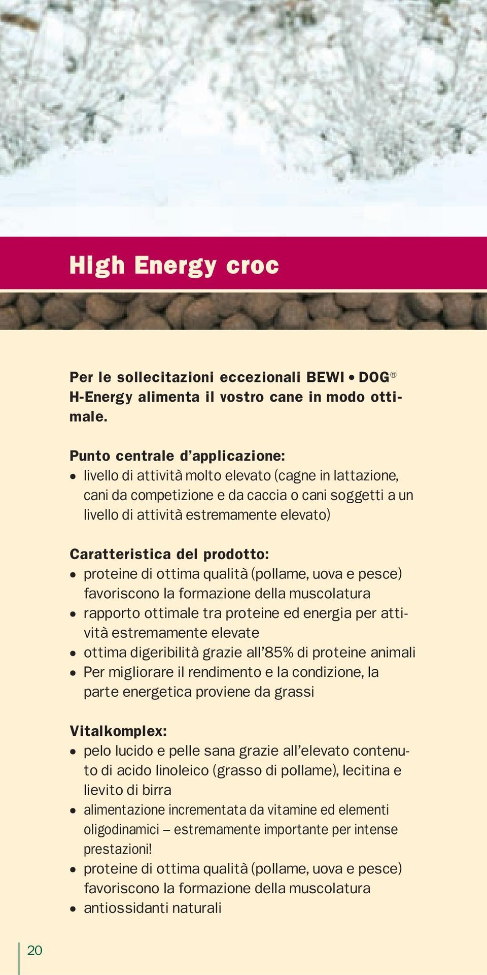 del prodotto: proteine di ottima qualità (pollame, uova e pesce) favoriscono la formazione della muscolatura rapporto ottimale tra proteine ed energia per attività estremamente elevate ottima