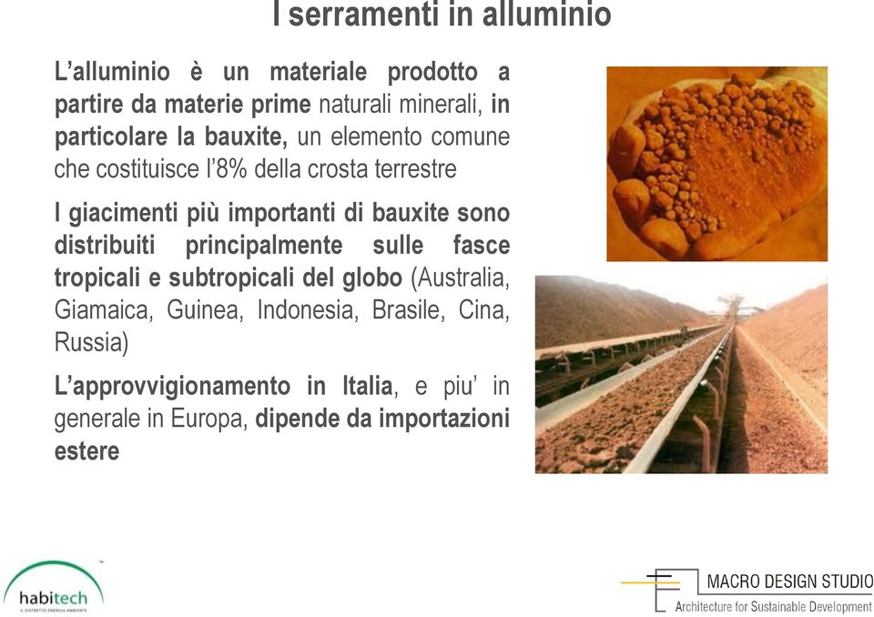 bauxite sono distribuiti principalmente sulle fasce tropicali e subtropicali del globo (Australia, Giamaica, Guinea,