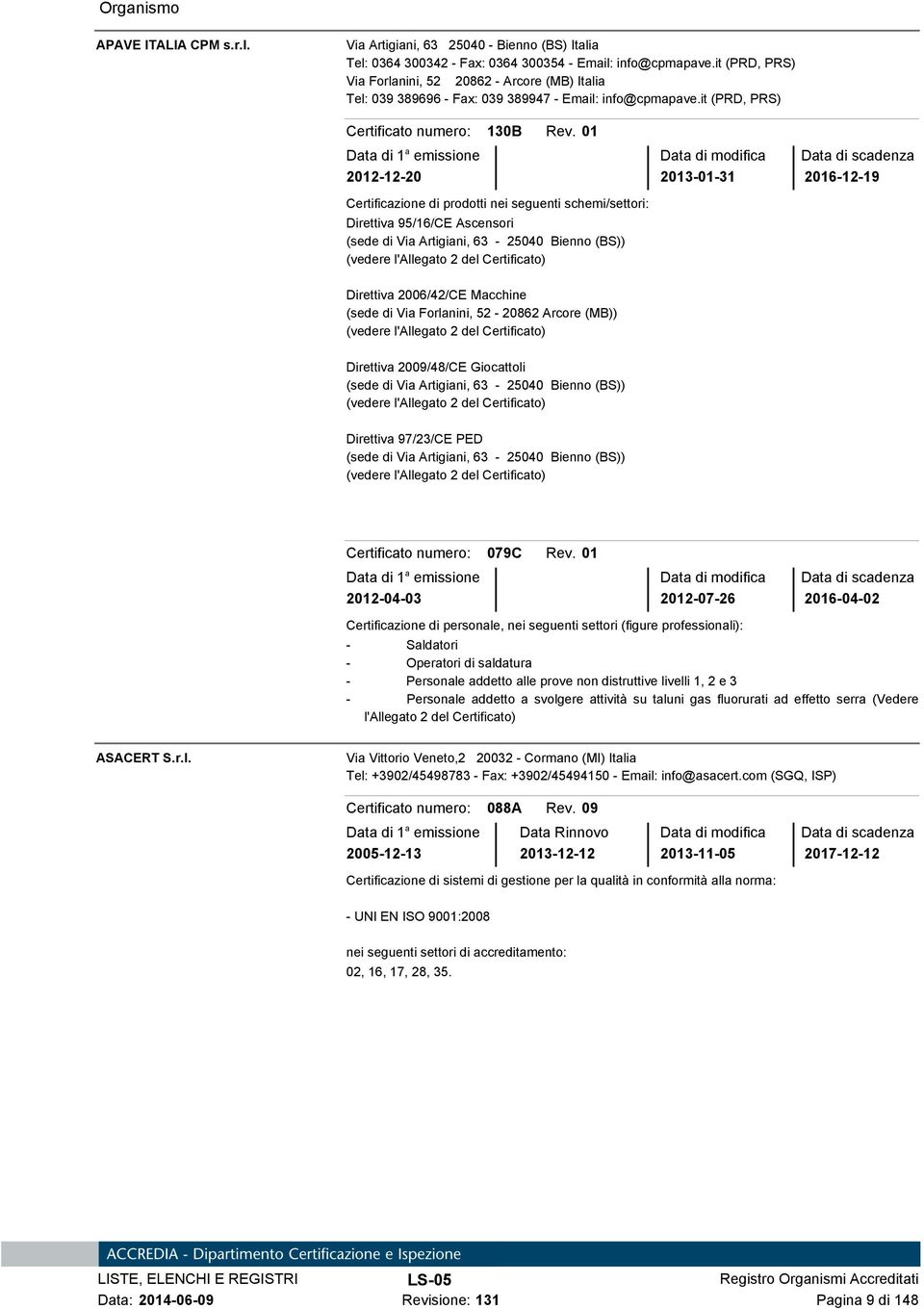 01 Data di modifica 2012-12-20 2013-01-31 2016-12-19 Direttiva 95/16/CE Ascensori (sede di Via Artigiani, 63-25040 Bienno (BS)) Direttiva 2006/42/CE Macchine (sede di Via Forlanini, 52-20862 Arcore