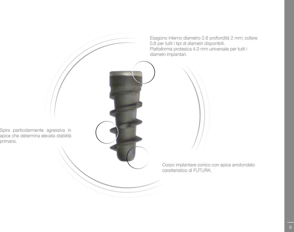 Piattaforma protesica 4.0 mm universale per tutti i diametri implantari.