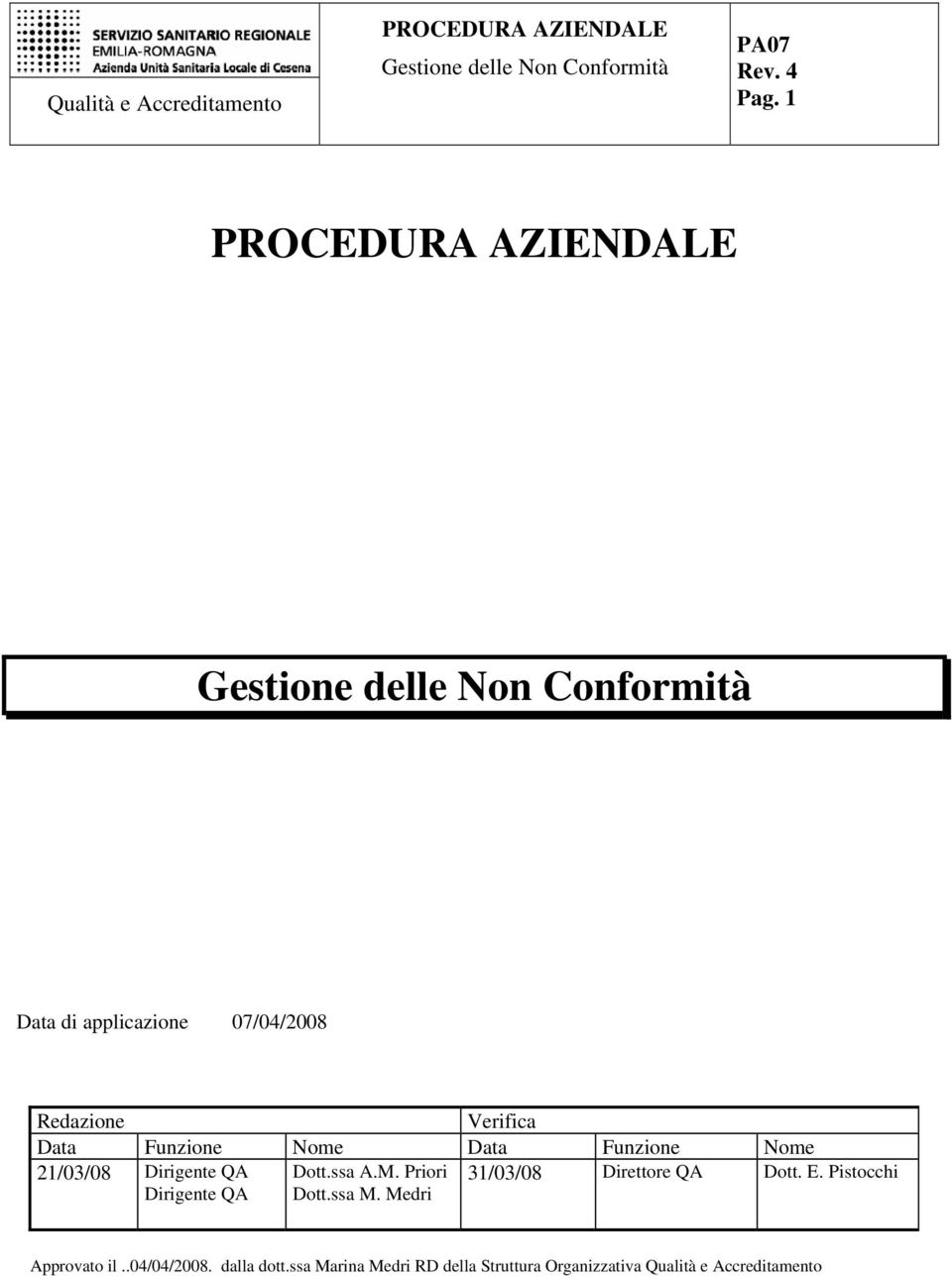 ssa M. Medri 31/03/08 Direttore QA Dott. E. Pistocchi Approvato il..04/04/2008.