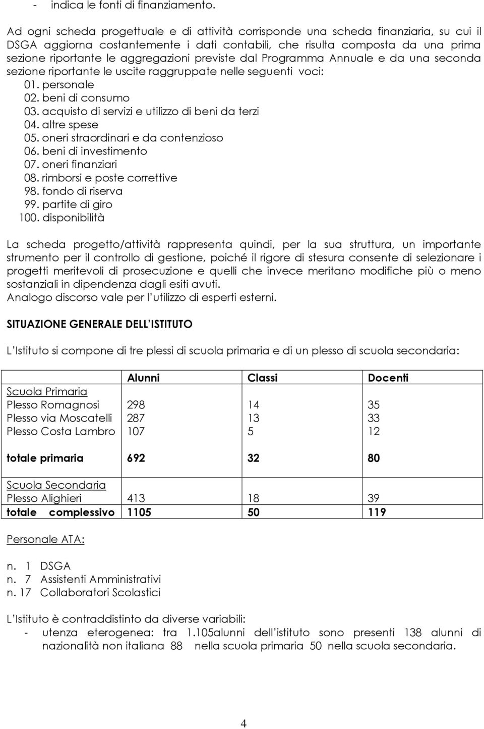 aggregazioni previste dal Programma Annuale e da una seconda sezione riportante le uscite raggruppate nelle seguenti voci: 01. personale 02. beni di consumo 03.