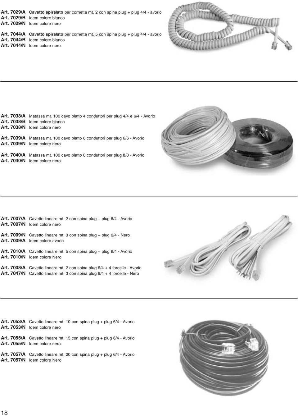 7038/B Idem colore bianco Art. 7038/N Idem colore nero Art. 7039/A Matassa mt. 100 cavo piatto 6 conduttori per plug 6/6 - Avorio Art. 7039/N Idem colore nero Art. 7040/A Matassa mt.