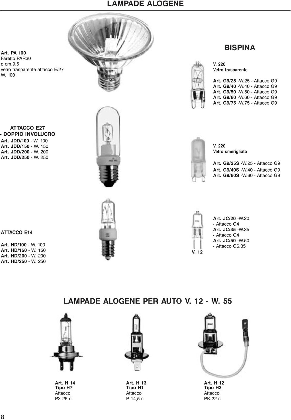 220 Vetro smerigliato Art. G9/25S -W.25 - Attacco G9 Art. G9/40S -W.40 - Attacco G9 Art. G9/60S -W.60 - Attacco G9 ATTACCO E14 Art. HD/100 - W. 100 Art. HD/150 - W. 150 Art. HD/200 - W. 200 Art.