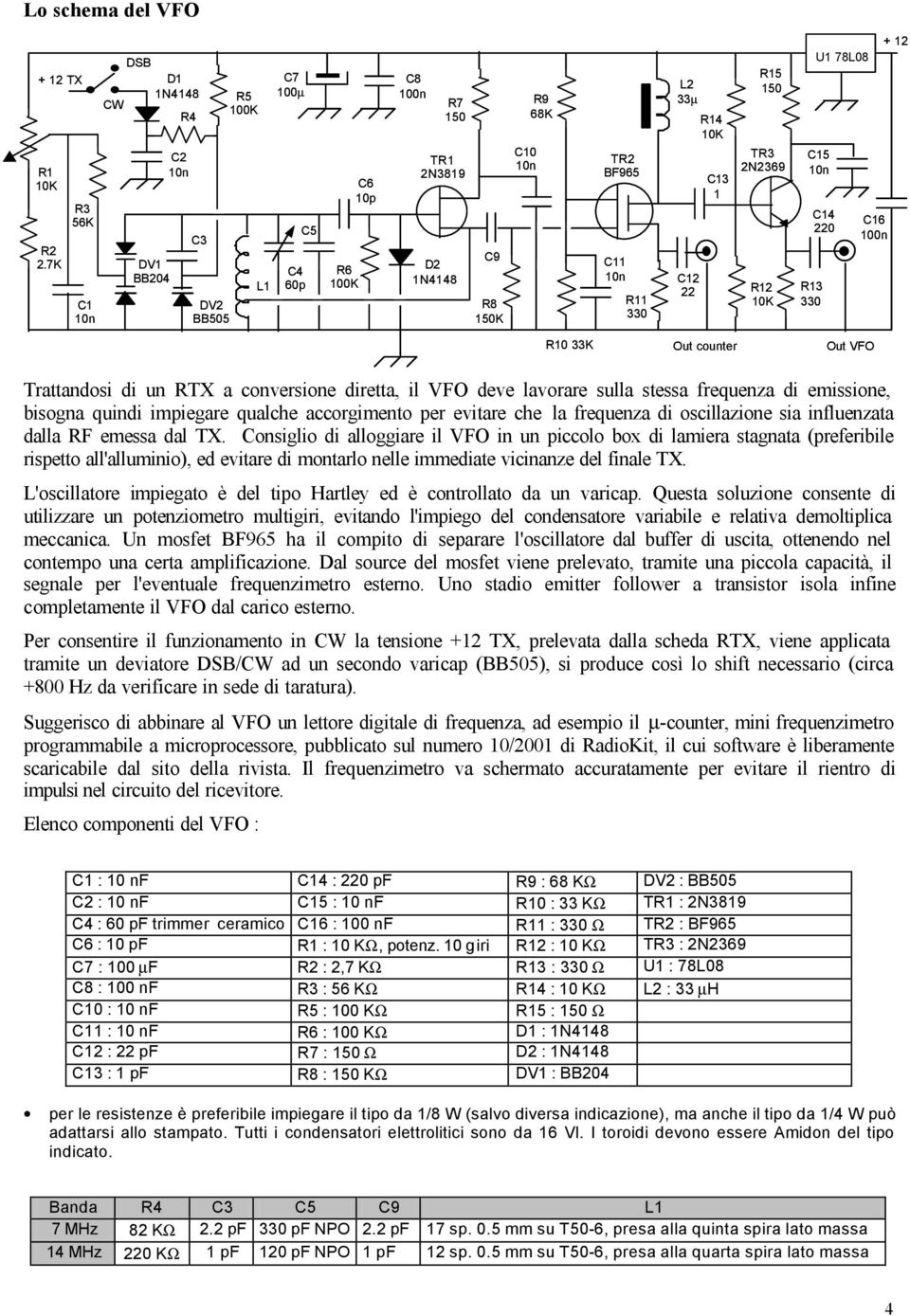 Trattandosi di un RTX a conversione diretta, il VFO deve lavorare sulla stessa frequenza di emissione, bisogna quindi impiegare qualche accorgimento per evitare che la frequenza di oscillazione sia