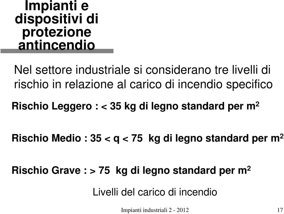 Rischio Medio : 35 < q < 75 kg di legno standard per m 2 Rischio Grave : > 75 kg