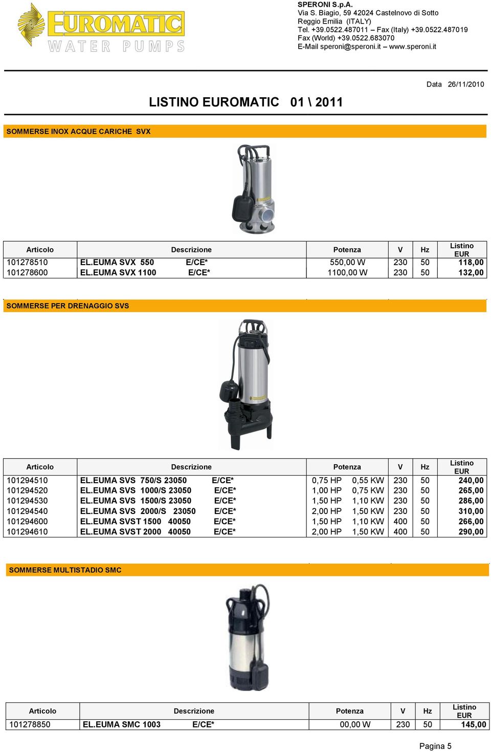 EUMA SS 1000/S 1,00 HP 0,75 KW 265,00 101294530 EL.EUMA SS 10/S 1, HP 1,10 KW 286,00 101294540 EL.