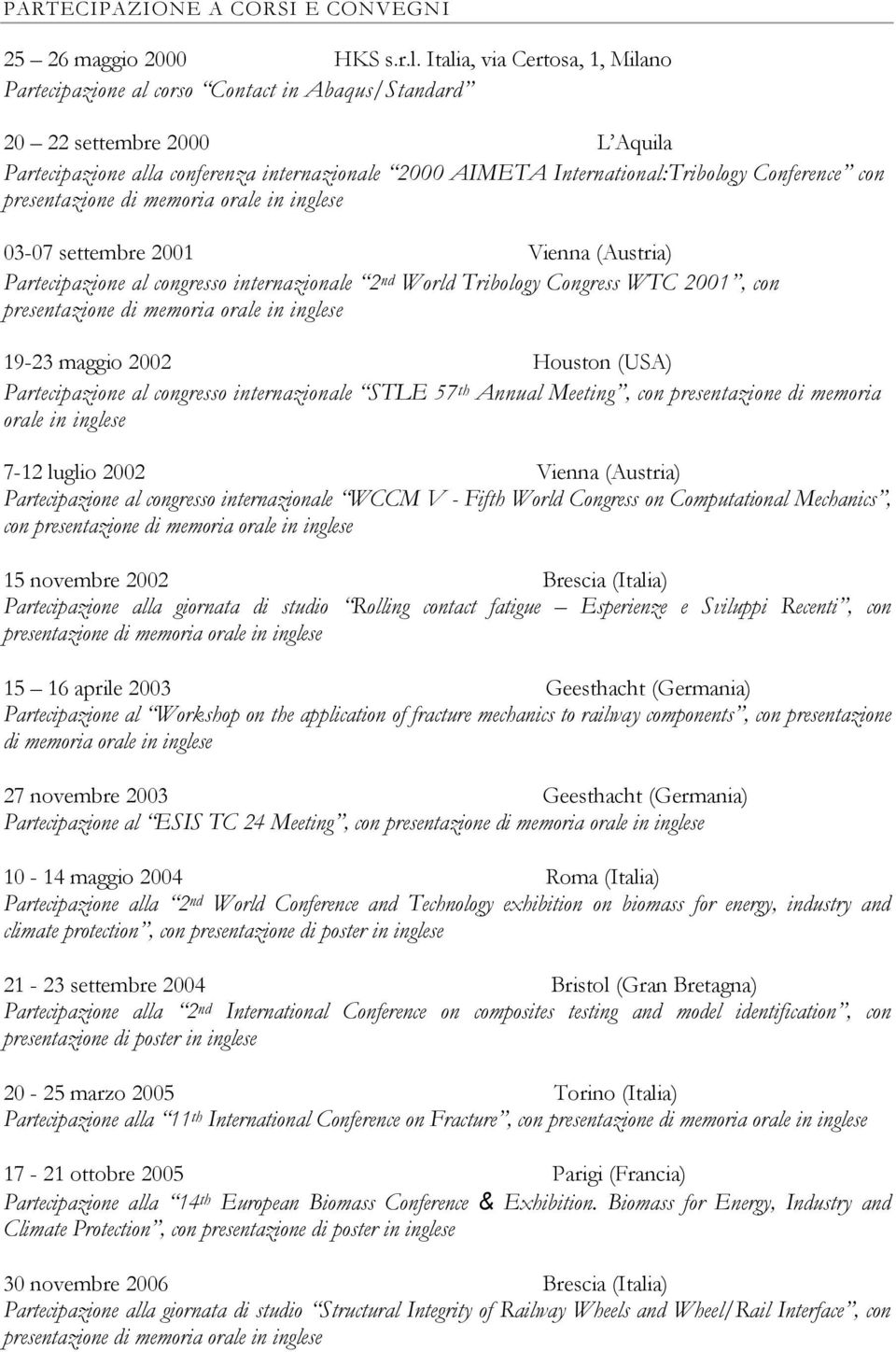 Conference con presentazione di memoria orale in inglese 03-07 settembre 2001 Vienna (Austria) Partecipazione al congresso internazionale 2 nd World Tribology Congress WTC 2001, con presentazione di