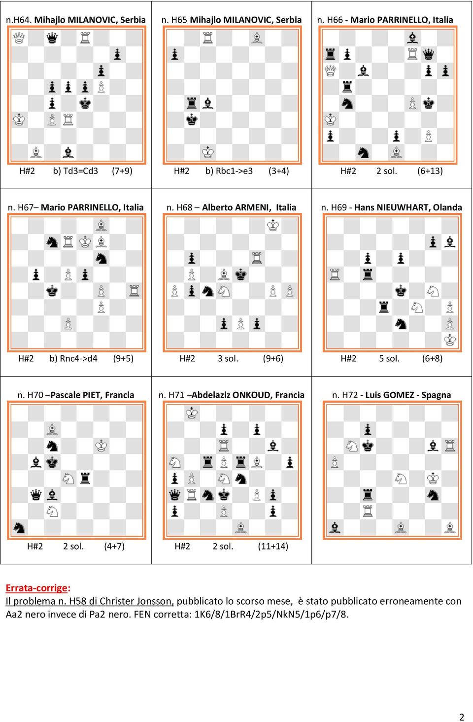 (6+8) n. H70 Pascale PIET, Francia n. H71 Abdelaziz ONKOUD, Francia n. H72 - Luis GOMEZ - Spagna H#2 2 sol. (4+7) H#2 2 sol.