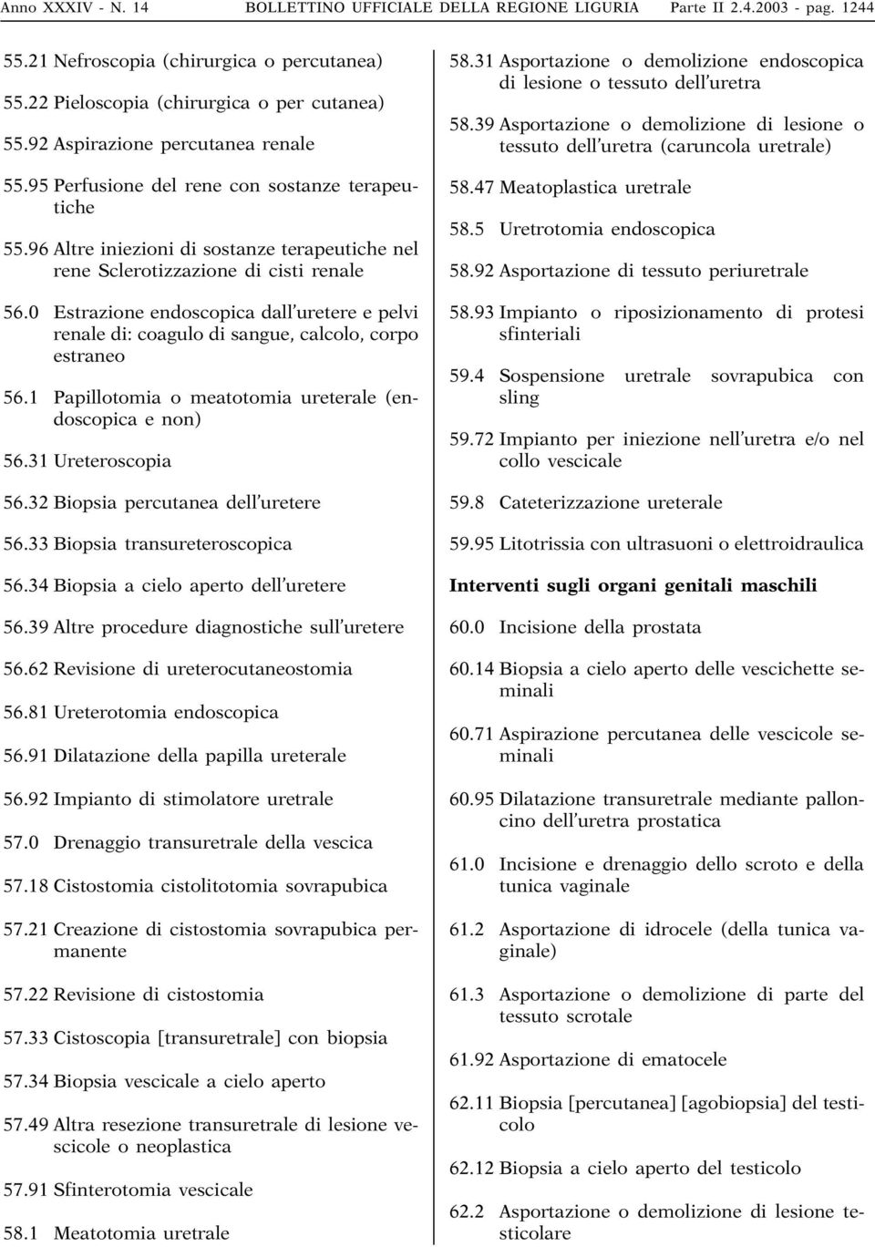 0 Estrazione endoscopica dall uretere e pelvi renale di: coagulo di sangue, calcolo, corpo estraneo 56.1 Papillotomia o meatotomia ureterale (endoscopica e non) 56.31 Ureteroscopia 56.