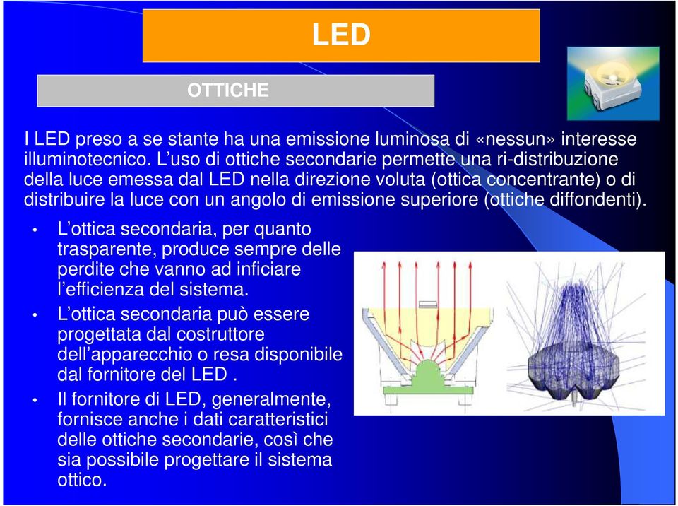 emissione superiore (ottiche diffondenti). L ottica secondaria, per quanto trasparente, produce sempre delle perdite che vanno ad inficiare l efficienza del sistema.